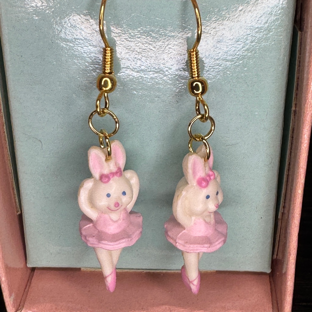 Vintage Russ Bonnie Bunny Ballerina Earrings New In Box 1980s Kitsch Cute 10$